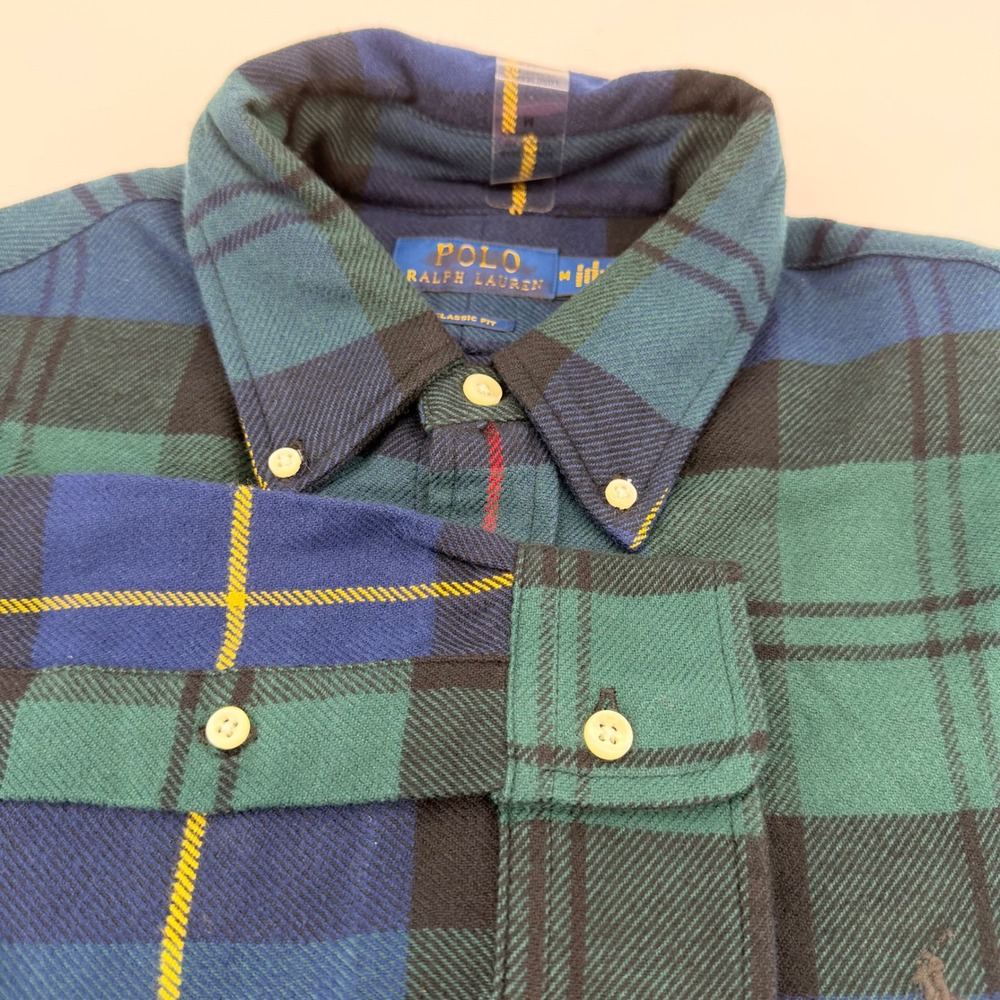 Polo Ralph Lauren Button Down Men Medium Green Blue Plaid Classic Fit Shirt